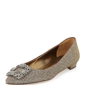 Manolo Blahnik Hangisi Metallic Fabric Buckle Flat